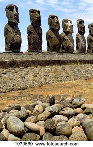Stock Image - Easter Island, Ahu Tongariki Platform With Line Of Moai Statues, Wide Angle.. Fotosearch