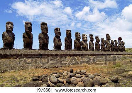 Stock Image - Easter Island, Ahu Tongariki Platform With Line Of Moai Statues, Wide Angle.. Fotosearch