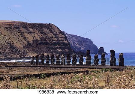 Stock Photo - Easter Island, Ahu Tongariki Platform With Line Of Moai Statues Along Beach.. Fotosearch