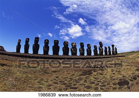 Stock Photo - Easter Island, Ahu Tongariki Platform With Line Of Moai Statues, Wide Angle.. Fotosearch