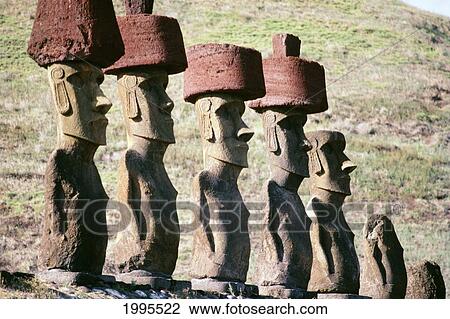 Stock Image - Easter Island, Line Of Ancient Stone Statues. Fotosearch