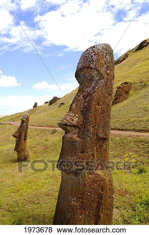 Easter Island, Rano Raraku Area, Moai Statues On Grassy Hillside. View Large Photo Image Stock Photo - Easter Island, Rano Raraku Area, Moai Statues On Grassy Hillside.. Fotosearch