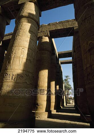 Stock Photography - Egypt, Hieroglyphs and reliefs on columns of Great Hypostyle Hall of Temple of Amun; Karnak; Luxor. Fotosearch