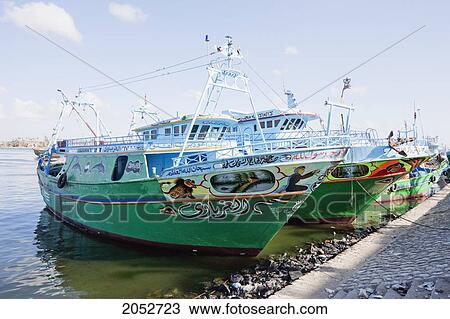 Stock Image - Egyptian Fishing Boats On The Rosetta Branch Of The Nile River, Rosetta (Rashid), Beheira, Egypt. Fotosearch