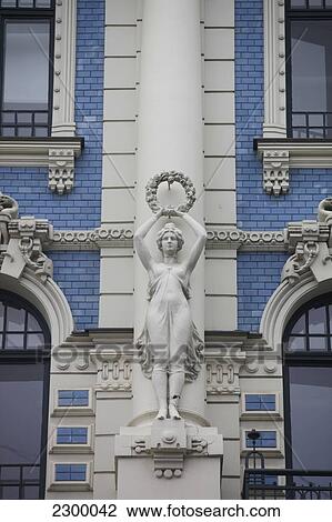 Stock Image - Eisenstein Art Nouveaux buildings in the quiet centre of Riga Strenlnieku iela 4a, 1905 M. Heavy styled over embellished facade. Riga, Latvia.. Fotosearch