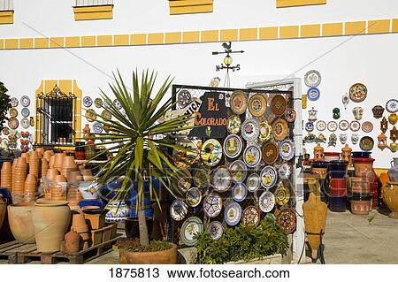 Stock Image - El Colorado, Andalusia, Spain; A Pottery Shop. Fotosearch