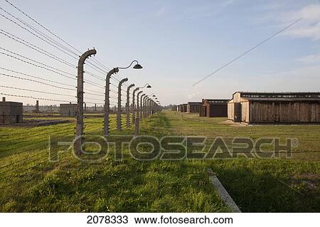 Stock Image - Electrified Barbed Wire Fence Along The Medical Barracks, Auschwitz-Birkenau Concentration Camp, Oswiecim, Malopolska, Poland. Fotosearch