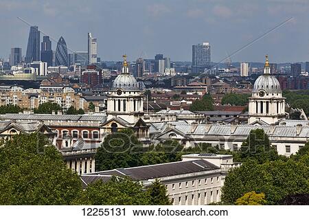 Elevated view across the City of London and Old Royal Naval College from Greenwich Park; London, England View Large Photo Image Stock Image - Elevated view across the City of London and Old Royal Naval College from Greenwich Park; London, England. Fotosearch