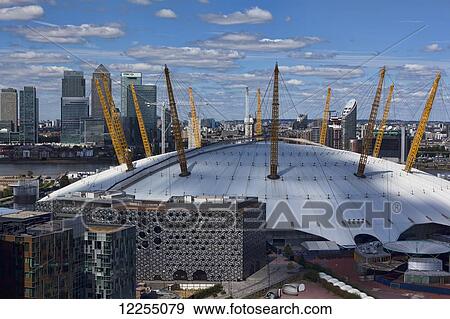 Stock Photo - Elevated view of the O2 arena and Canary Wharf; London, England. Fotosearch