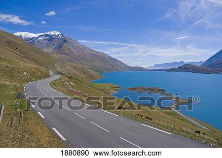 Empty Bendy Road By Lake And Mont Cenis View Large Photo Image Stock Image - Empty Bendy Road By Lake And Mont Cenis. Fotosearch