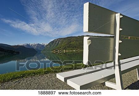 Empty White Bench By Fjord View Large Photo Image Stock Photo - Empty White Bench By Fjord. Fotosearch