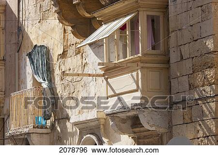 Stock Photograph - Enclosed Balcony, Valletta, Malta. Fotosearch