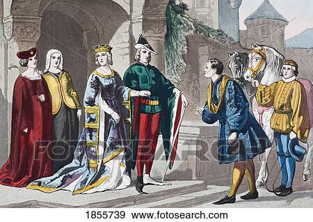 Stock Photo - English Costumes From Second Half Of 14Th Century From The National And Domestic History Of England By William Aubrey Published London Circa 1890. Fotosearch