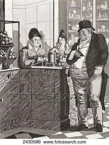 Stock Photograph - English gentleman paying the bill in a Parisian restaurant, after a work by Queverdo, 1815. From Illustrierte Sittengeschichte vom Mittelalter bis zur Gegenwart by Eduard Fuchs, published 1909.. Fotosearch