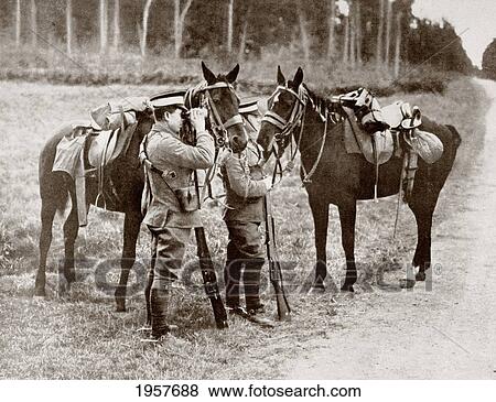 Stock Photo - English Light Cavalrymen On The Lookout For The Enemy Near Reims During The First World War. From La Esfera, 1914.. Fotosearch