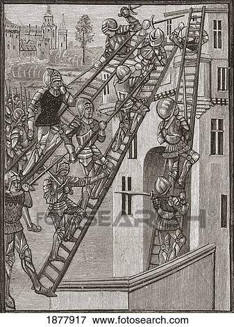 Stock Photo - English Soldiers Scaling A Fortress In Gascony, During The Hundred Years War. From The Book Short History Of The English People By J. R. Green, Published London 1893. Fotosearch
