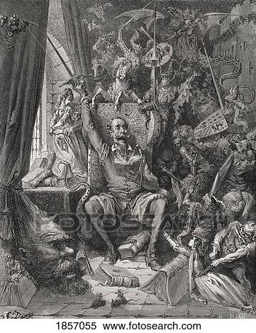 Stock Photography - Engraving By Gustave Dore 1832-1883 French Artist And Illustrator Of Don Quixote Amongst His Books In His Library From Don Quixote By Miguel De Cervantes Saavedra. Fotosearch