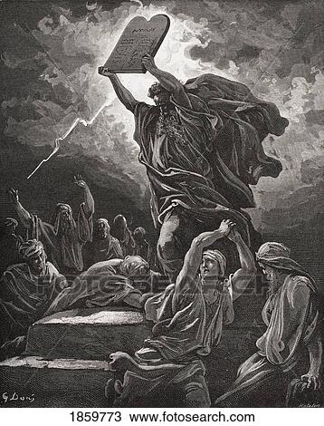 Stock Image - Engraving From The Dore Bible Illustrating Exodus Xxxii 19 Moses Breaking The Tables Of The Law By Gustave Dore 1832-1883 French Artist And Illustrator. Fotosearch