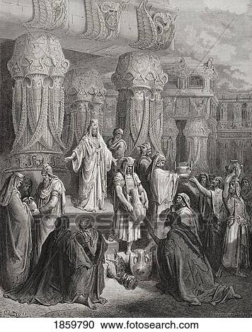 Stock Image - Engraving From The Dore Bible Illustrating Ezra I 7 To 11 Cyrus Restoring The Vessels Of The Temple By Gustave Dore 1832-1883 French Artist And Illustrator. Fotosearch