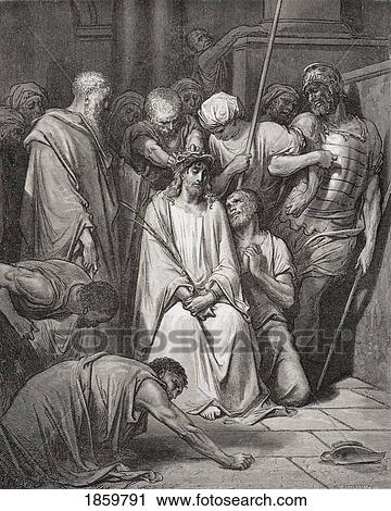 Stock Image - Engraving From The Dore Bible Illustrating Matthew Xxvii 29 And 30 The Crown Of Thorns By Gustave Dore 1832-1883 French Artist And Illustrator. Fotosearch