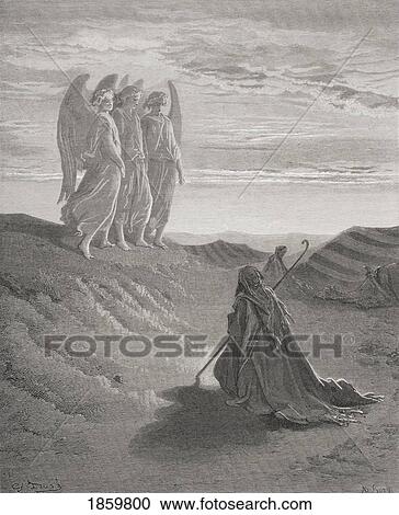 Stock Image - Engraving From The Dore Bible Illustrating Genesis Xviii 1 To 8 Abraham And The Three Angels By Gustave Dore 1832-1883 French Artist And Illustrator. Fotosearch