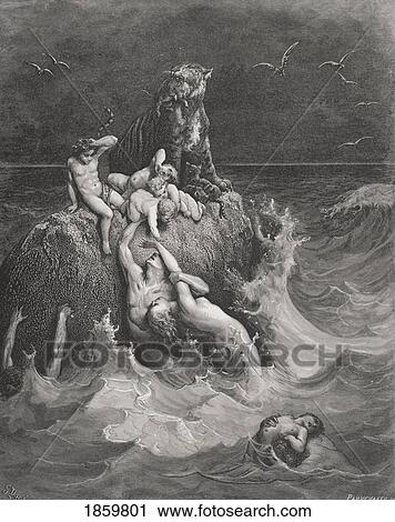 Stock Image - Engraving From The Dore Bible Illustrating Genesis Vii 20 To 24 The Deluge By Gustave Dore 1832-1883 French Artist And Illustrator. Fotosearch