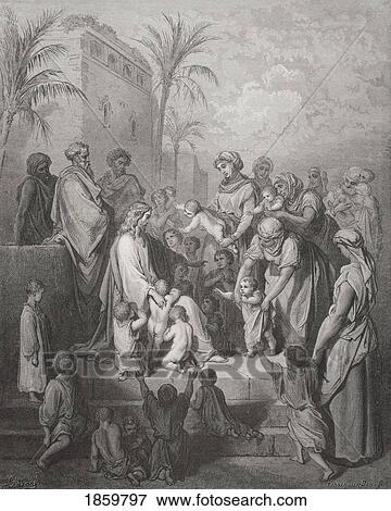 Stock Photo - Engraving From The Dore Bible Illustrating Mark X 13 To 16 Jesus Blessing The Children By Gustave Dore 1832-1883 French Artist And Illustrator. Fotosearch