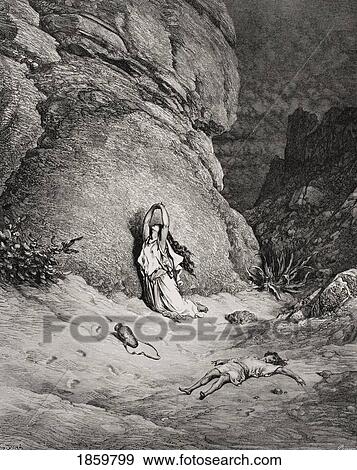Stock Photo - Engraving From The Dore Bible Illustrating Genesis Xxi 14 To 19 Hagar And Ishmael In The Desert By Gustave Dore 1832-1883 French Artist And Illustrator. Fotosearch