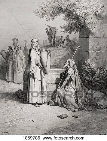Stock Photograph - Engraving From The Dore Bible Illustrating Genesis Xxiv 15 To 21 Eliezer And Rebekah By Gustave Dore 1832-1883 French Artist And Illustrator. Fotosearch