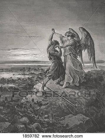 Stock Image - Engraving From The The Dore Bible Illustrating Genesis Xxxii 24 To 32 Jacob Wrestling With The Angel By Gustave Dore 1832-1883 French Artist And Illustrator.. Fotosearch