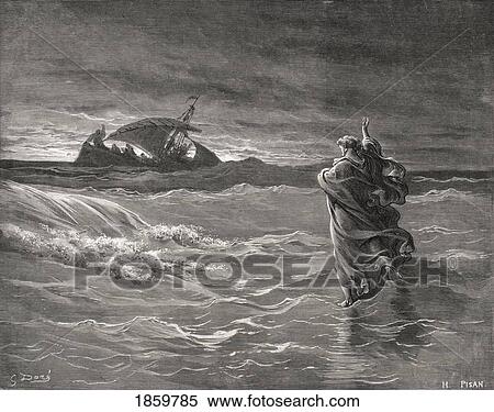 Stock Photography - Engraving From The The Dore Bible Illustrating John Vi 19 To 21 Jesus Walking On The Sea By Gustave Dore 1832-1883 French Artist And Illustrator.. Fotosearch