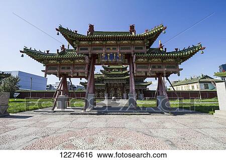 Stock Photograph - Entrance gate to the Winter Palace of the Bogd Khan, Ulaanbaatar (Ulan Bator), Mongolia. Fotosearch