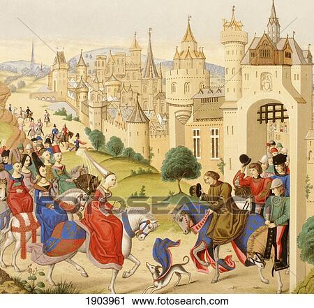Stock Image - Entrance Of Queen Isabeau Of Bavaria Into Paris, June 20, 1389. Queen Isabeau 1370 - 1435, Consort Of King Charles Vi. From Les Artes Au Moyen Age, Published Paris 1873.. Fotosearch