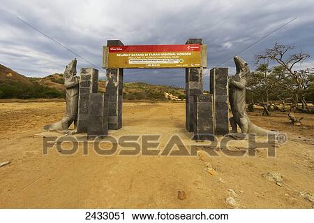 Stock Image - Entrance to Komodo National Park, Rinca Island, Komodo National Park, East Nusa Tenggara, Indonesia. Fotosearch