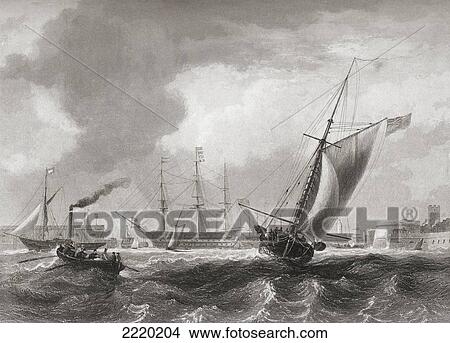 Entrance To Portsmouth Harbour, Hampshire, England In The Early 19Th Century. From The History Of England Published 1859. View Large Photo Image Picture - Entrance To Portsmouth Harbour, Hampshire, England In The Early 19Th Century. From The History Of England Published 1859.. Fotosearch