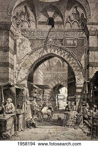 Picture - Entrance To The Khan El-Khalili Souk Or Market In Cairo, Egypt, In The 19Th Century. From El Mundo Ilustrado, Published Barcelona, 1880.. Fotosearch