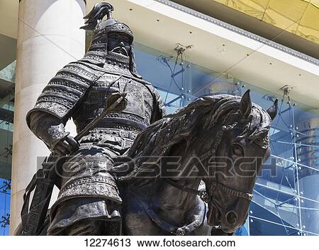 Stock Image - Equestrian statue by the Government Palace, Ulaanbaatar (Ulan Bator), Mongolia. Fotosearch