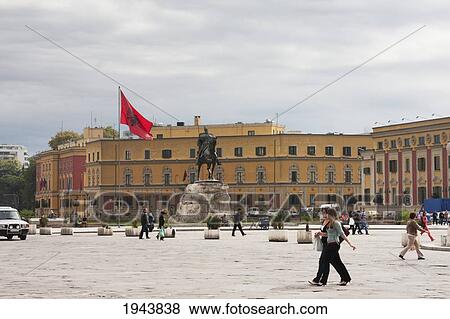 Stock Photo - Equestrian statue of Gjergj Kastrioti Skanderbeg on Skanderbeg Square, Tirana, Albania. Fotosearch