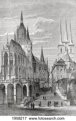 Stock Photo - Erfurt Cathedral On The Left And St. Severus Church On The Right, Cathedral Hill, Erfurt, Thuringia, Germany In The 19Th Century. From El Mundo En La Mano, Published 1878.. Fotosearch