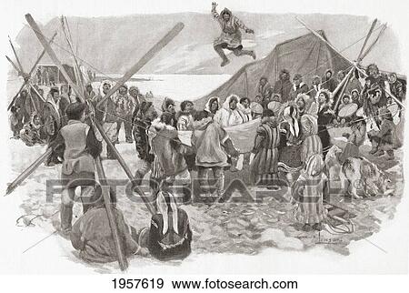 Stock Photo - Eskimos Dancing During The Great Feast Of The Whale, In Arctic Alaska, United States Of America, In The Late 19Th Century. From The Century Illustrated Monthly Magazine, May To October 1904.. Fotosearch