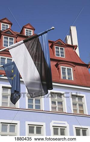 Stock Photography - Estonian National Flag And European Union Flag Outside Hotel Barons In Old Town. Fotosearch