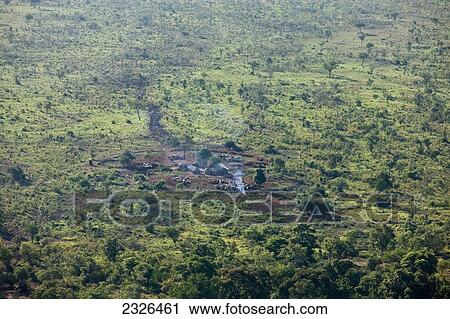Stock Image - Ethiopia, Omo Valley, Southern Mursiland, Aerial view of traditional Mursi village; Dirikoro. Fotosearch