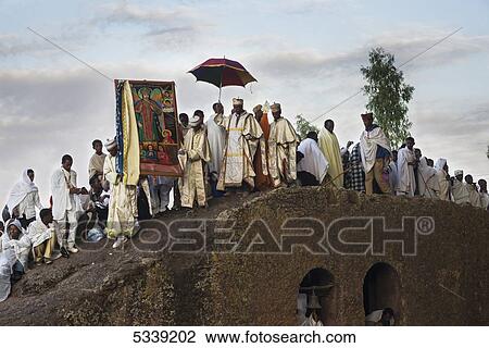 Stock Image - Ethiopian Orthodox Christian pilgrimage; Lalibela, Ethiopia. Fotosearch