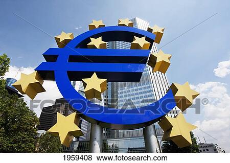 Stock Photo - Euro Monument In Front Of The Eurotower, Headquarters Of The European Central Bank In Frankfurt Am Main, Germany. Fotosearch