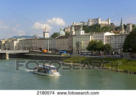 Picture - Europe, Austria, Saltzburg, Cityscape With River Salzach And Tour Boat. Fotosearch