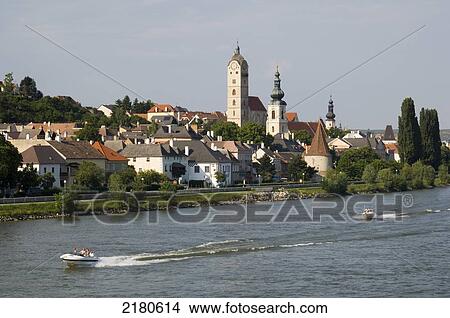 Europe, Austria, Wachau, Krems An Der Donau, Spires, Towers And Speedboats View Large Photo Image Picture - Europe, Austria, Wachau, Krems An Der Donau, Spires, Towers And Speedboats. Fotosearch