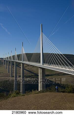 Stock Image - Europe, France, Aveyron, Millau, Suspension Bridge. Fotosearch