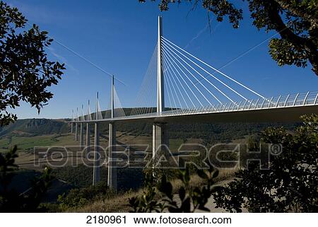 Stock Image - Europe, France, aveyron, Millau, suspension bridge. Fotosearch