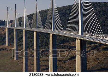 Stock Image - Europe, France, aveyron, Millau, suspension bridge. Fotosearch
