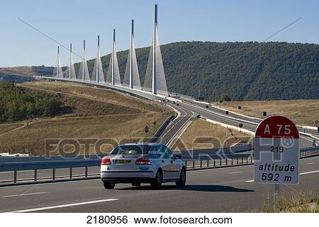 Stock Photograph - Europe, France, aveyron, Millau, suspension bridge. Fotosearch